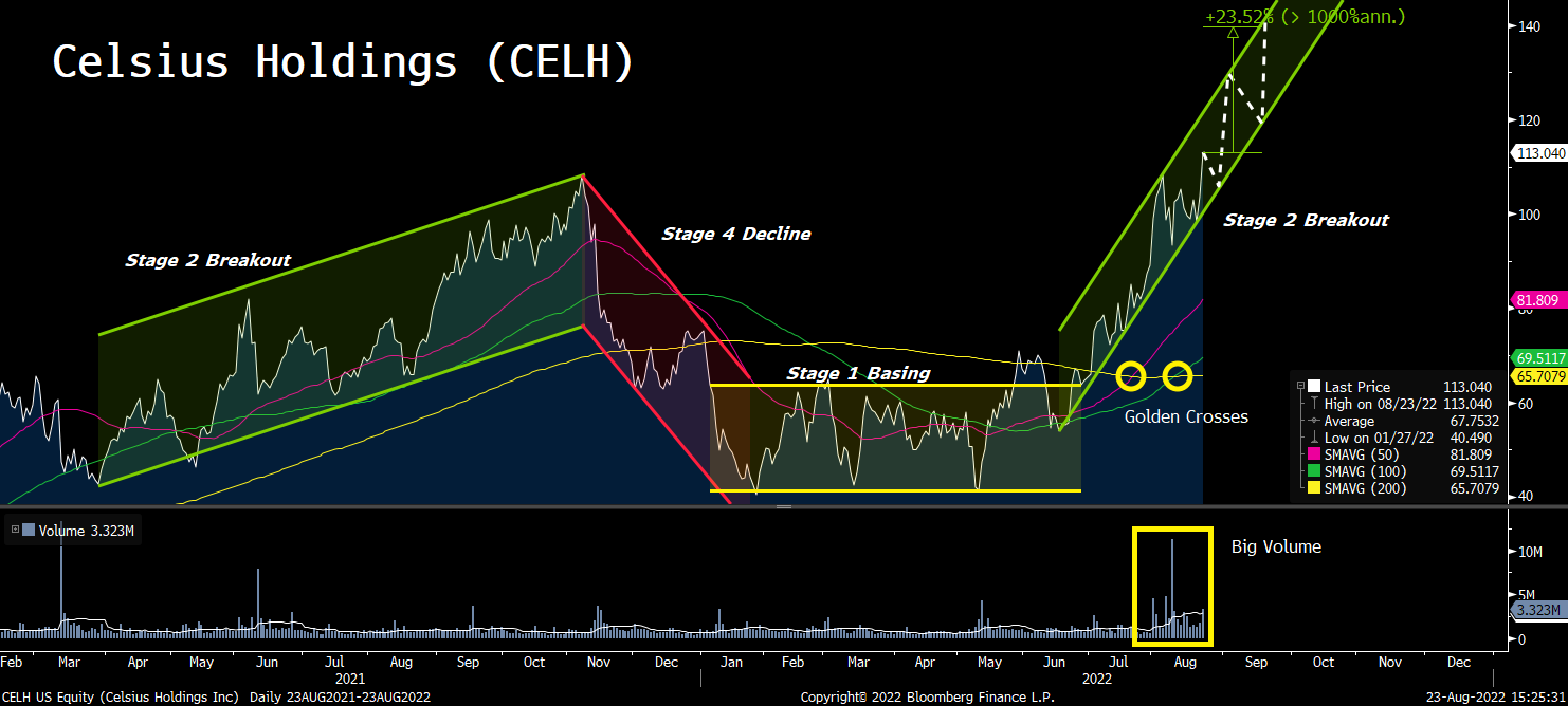 Celsius (CELH) stock chart showing potential stage-2 breakout.