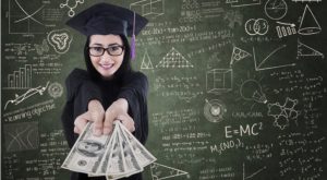 a woman dressed in a graduation gown holding dollar bills