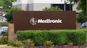 A photo of a Medtronic PLC (MDT) sign outside a building.