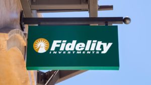 Fidelity Investments sign hangs from a building