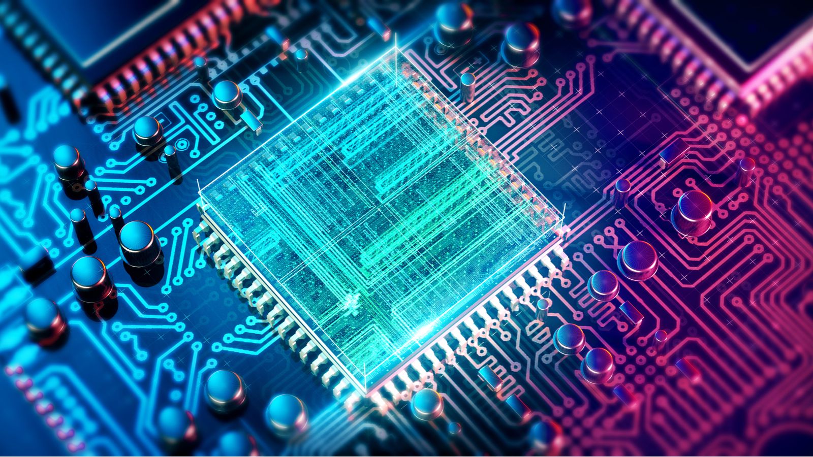 A digital rendering of a circuit board and digital chip in neon colors to illustrate quantum computing