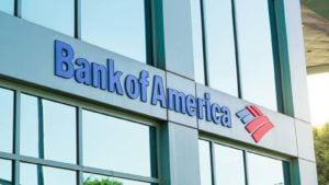 The logo of Bank of America in modern office building in Beverly Hills.