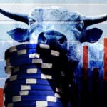 a bull next to a stack of blue gambling chips to represent blue-chip stocks