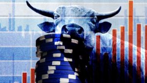 a bull next to a stack of blue gambling chips to represent blue-chip stocks