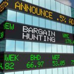 a computer rendering of a building with LED tickers that say "Bargain Hunting" among other stock related information. Cheap Stocks