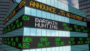 a computer rendering of a building with LED tickers that say "Bargain Hunting" among other stock related information. Cheap Stocks