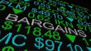 bargain stocks to buy: stock market tickers with the word "bargains" appearing in the center of the board