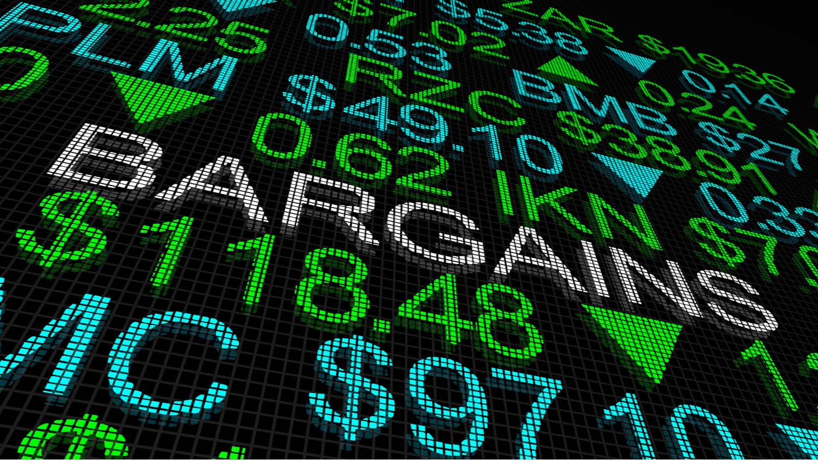 bargain stocks to buy: stock market tickers with the word "bargains" appearing in the center of the board
