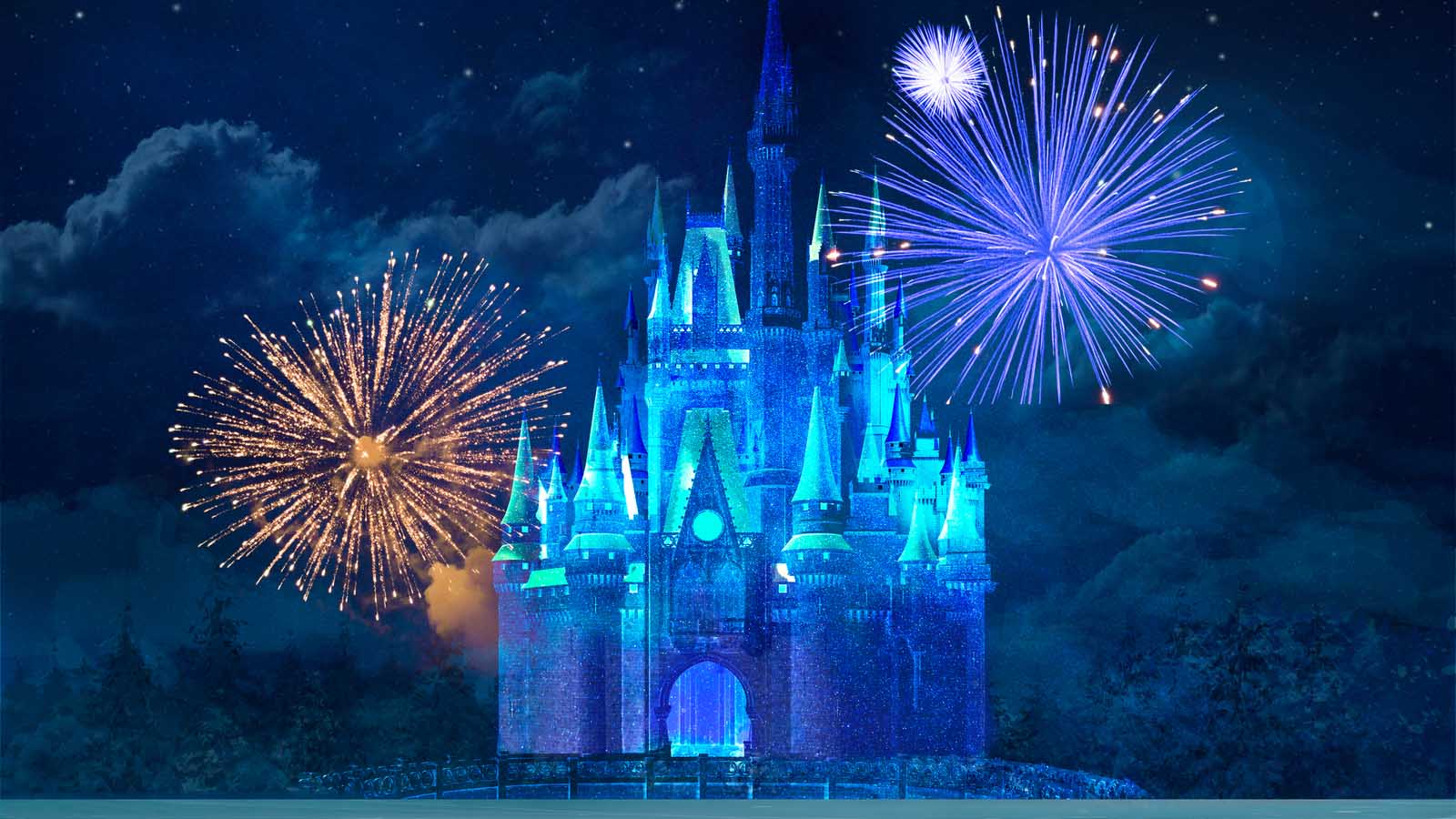 Disney (DIS stock): An illustration of the magical kingdom castle at night with fireworks behind it