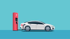graphic of a white electric car being charged at a red electric charging station with a teal background