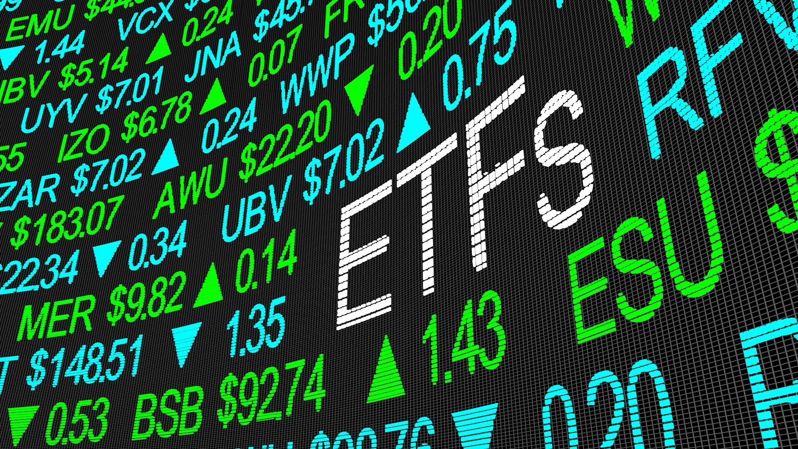 A stock market ticker tape that reads "ETFs." representing international etfs