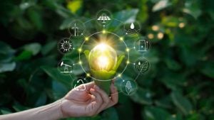 a hand holding a lightbulb on a green background to represent green energy