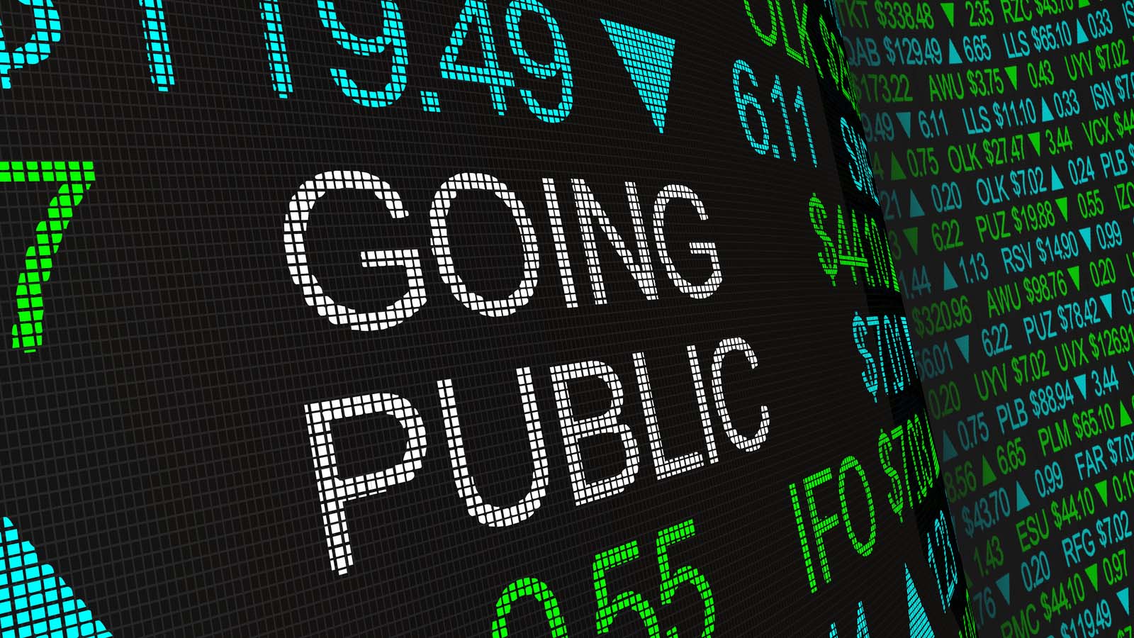 "Going Public" is displayed in white text on a digital ticker tape.
