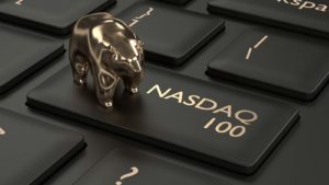 3d render closeup of computer keyboard with NASDAQ 100 index button and bear