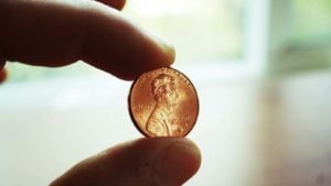 Picture of a penny held between two fingers on a white interior background