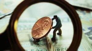 Tiny man under a magnifying glass lifting a penny representing CEI stock.