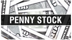 the words "penny stock" on a black label over a black and white image of hundred dollar bills