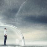 man in bubble outdoors protected from a dark storm, rain and lightning