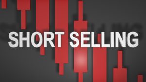 The text "short selling" with red bars in the background representing MP stock.