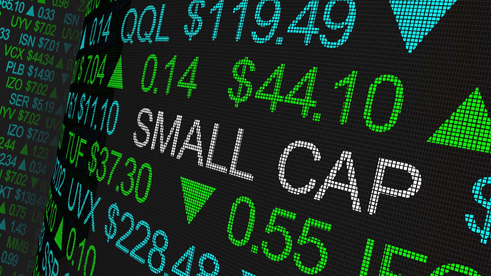 small-cap stocks: a ticker board that says "SMALL CAP" among various ticker increases. represents small-cap stocks to buy