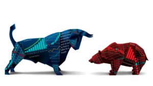 stock market icons of a blue bull and a red bear (overvalued stocks)