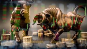A digital image of a bronze bull and bear overlaid with a technical chart and images of coins represent midday market update.