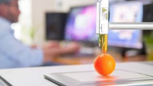 a scientist uses a 3D printer to make an orange golf ball