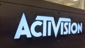 Activision Blizzard (ATVI) text on a black background. 