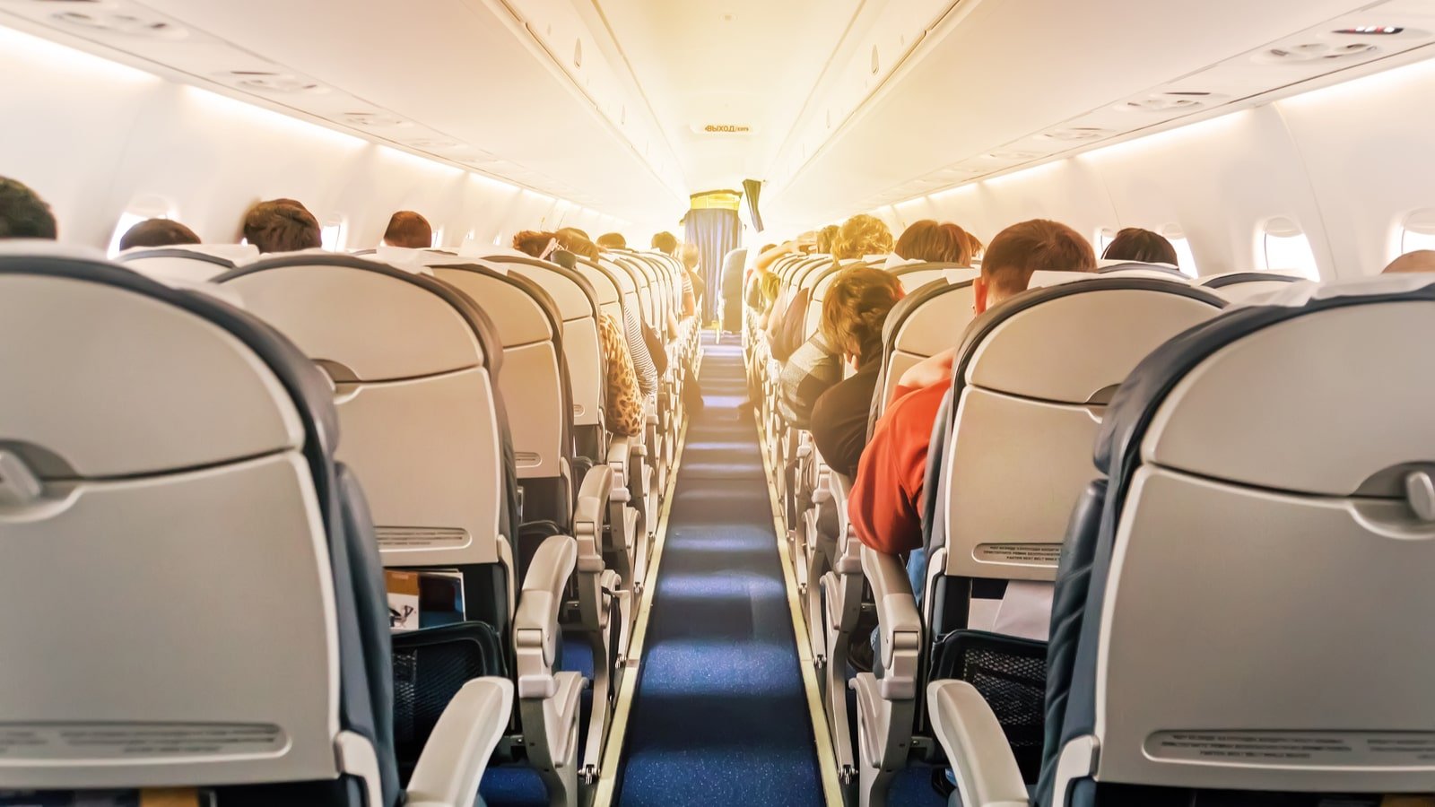 stock image of the interior of a passenger aircraft. Airline stocks are up again.