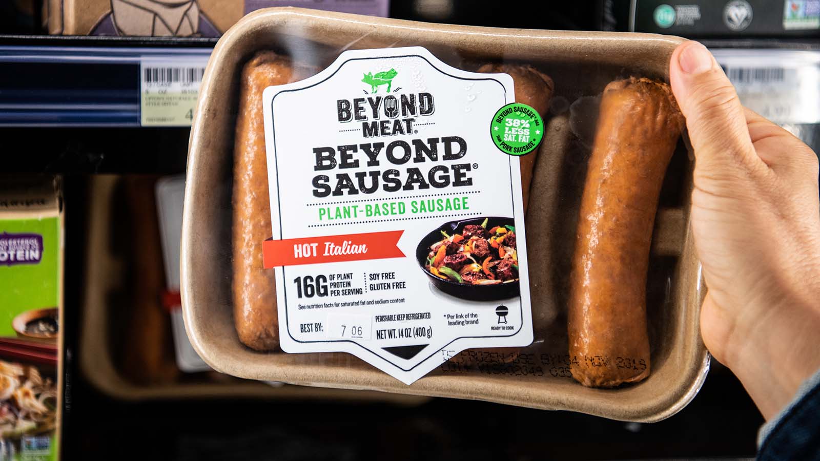 a package of Beyond Meat vegan sausages