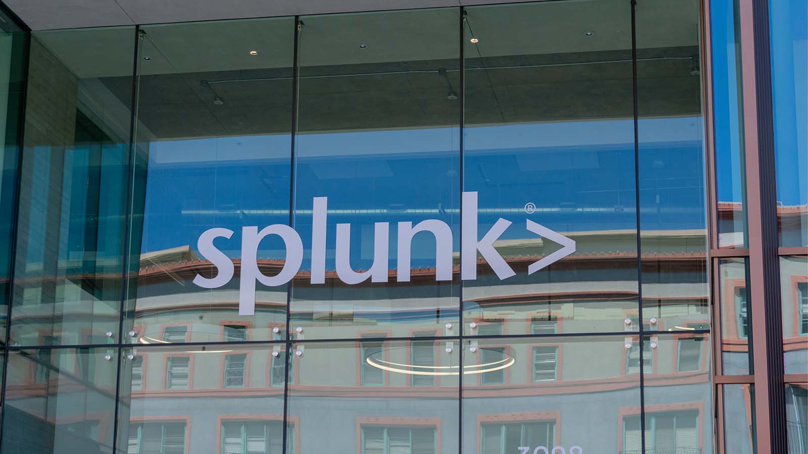 Splunk (SPLK stock) logo on the company office in Santana Row.