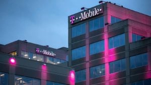 tmobile (TMUS) logo on the facade of an office building