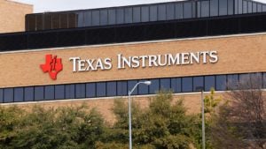 Texas Instruments (TXN) logo on its world headquarters located in Dallas, Texas.