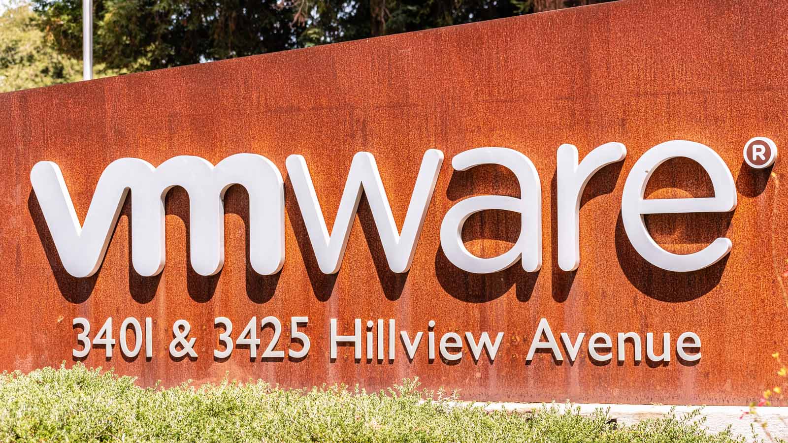 The VMWare logo outside of an office building
