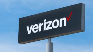 Verizon (VZ) Wireless sign and trademark logo.