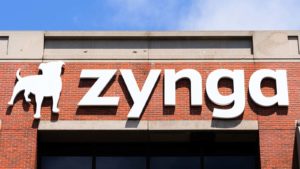 A Zynga (ZNGA stock) sign hangs above the company headquarters in San Francisco, California.