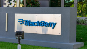 black berry (BB) logo on a sign outside of a corporate building