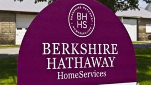 A Berkshire Hathaway (BRK.A, BRK.B) sign sits out front of an office in Lafayette, Indiana.