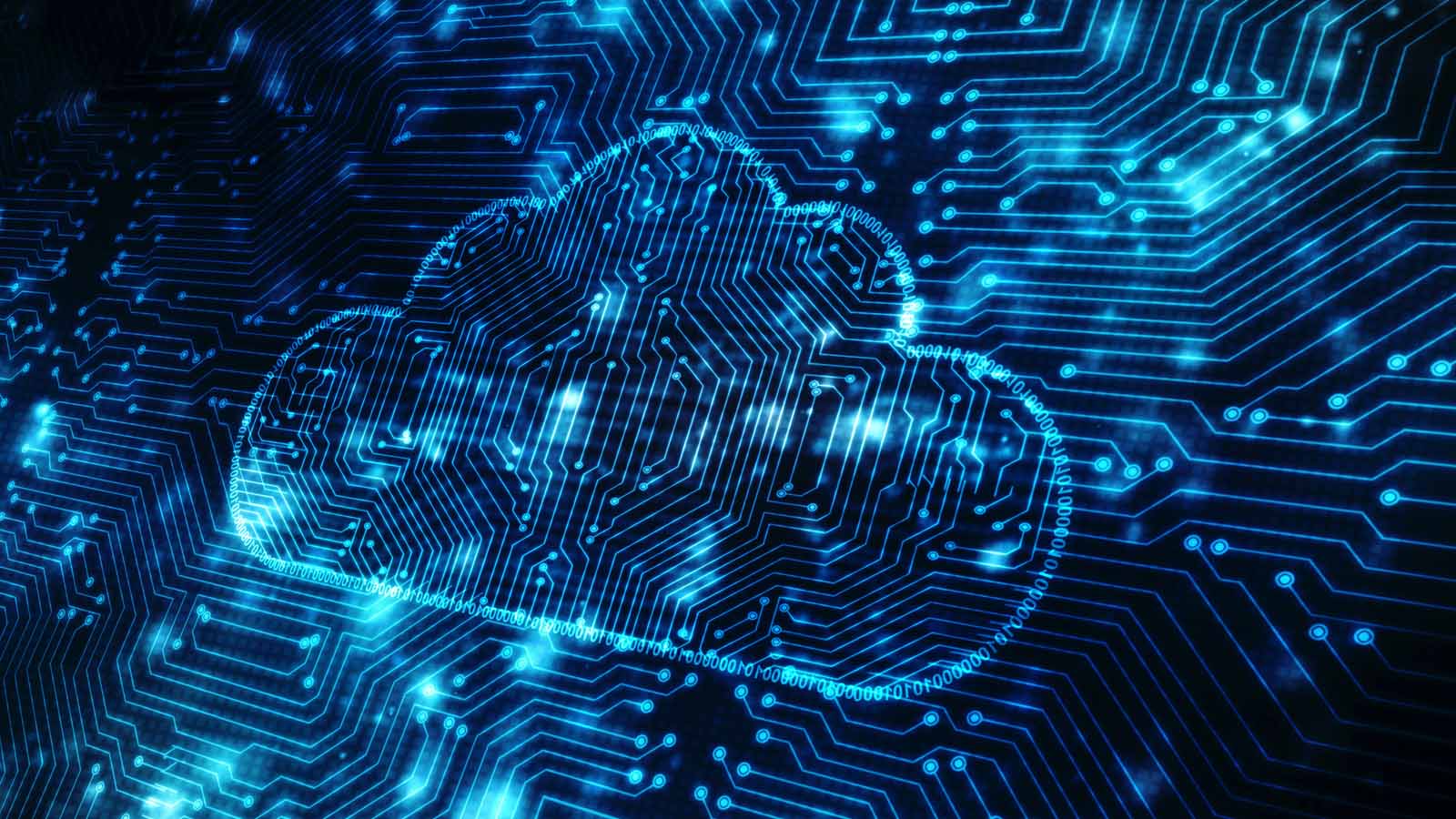 an image of a cloud imprinted on a circuit board lit up by blue circuit lights. AVCT stock