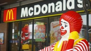 An image of a McDonald's store front with the red and yellow "M" logo, advertisements and signs on the windows, and a white, black, red, and yellow Ronald McDonald statue sitting in front.