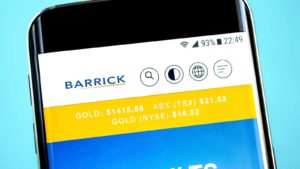 The Barrick logo is displayed on a smartphone screen over a bright blue background.