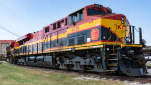 A Kansas City Southern de Mexico (KSU) train parked on the tracks in Forth Worth, Texas.