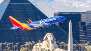 Southwest Airlines logo on aircraft that is taking off from McCarran in Las Vegas, NV.