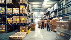 A shot of a crowded warehouse shelve covered in boxes.