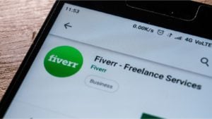 The Fiverr (FVRR) website displayed on a mobile phone screen.