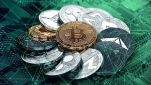 representasi digital dari bitcoin yang dikelilingi oleh beberapa altcoin lain yang membentuk bentuk melingkar