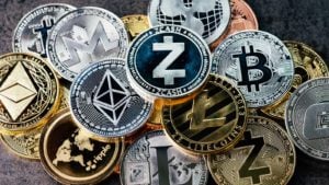 Cryptocurrency: Pile of cryptos and altcoins represented as physical coins. high-growth cryptos