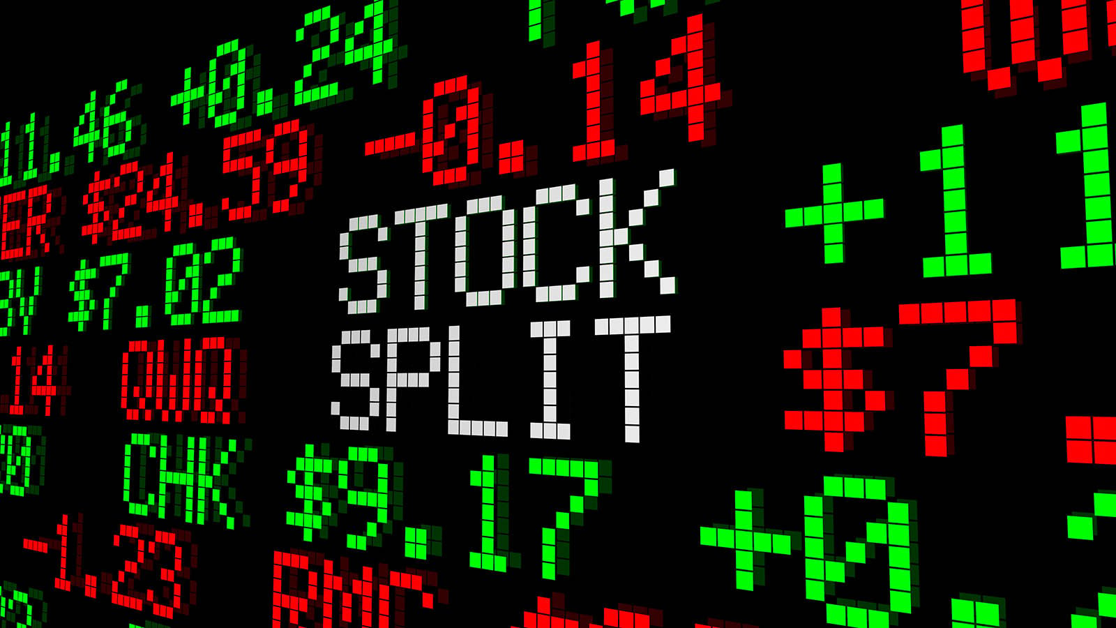 A digital image of a ticker tape reads "STOCK SPLIT."