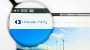 Clearway Energy (CWEN) logo in a web browser under a magnifying glass