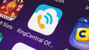 The RingCentral (RNG stock) mobile app is displayed on a smartphone screen.